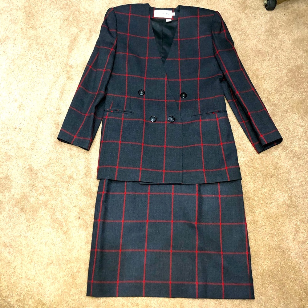 Vintage Grey and Red Wool Skirt Suit, Size 8